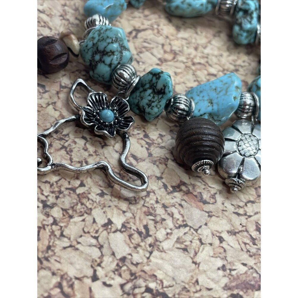 Turquoise Nugget Stretch Bracelet Feather Cactus Cow Western Bead Wood Flower - Picture 7 of 15